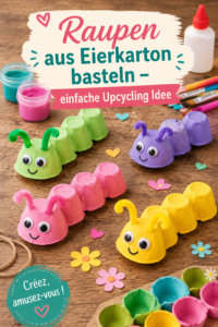 Une chenille colorée fabriquée à partir d'œufs en carton sur une table.