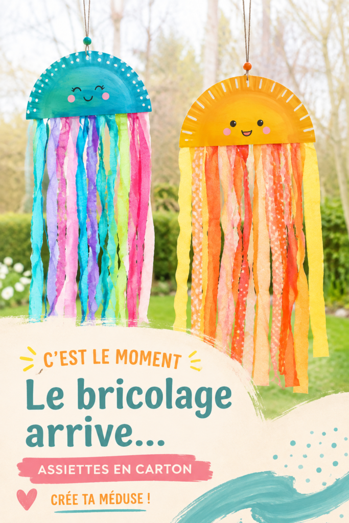 Une décoration en papier crépon en forme de soleil réalisée par des enfants dans une ambiance joyeuse.