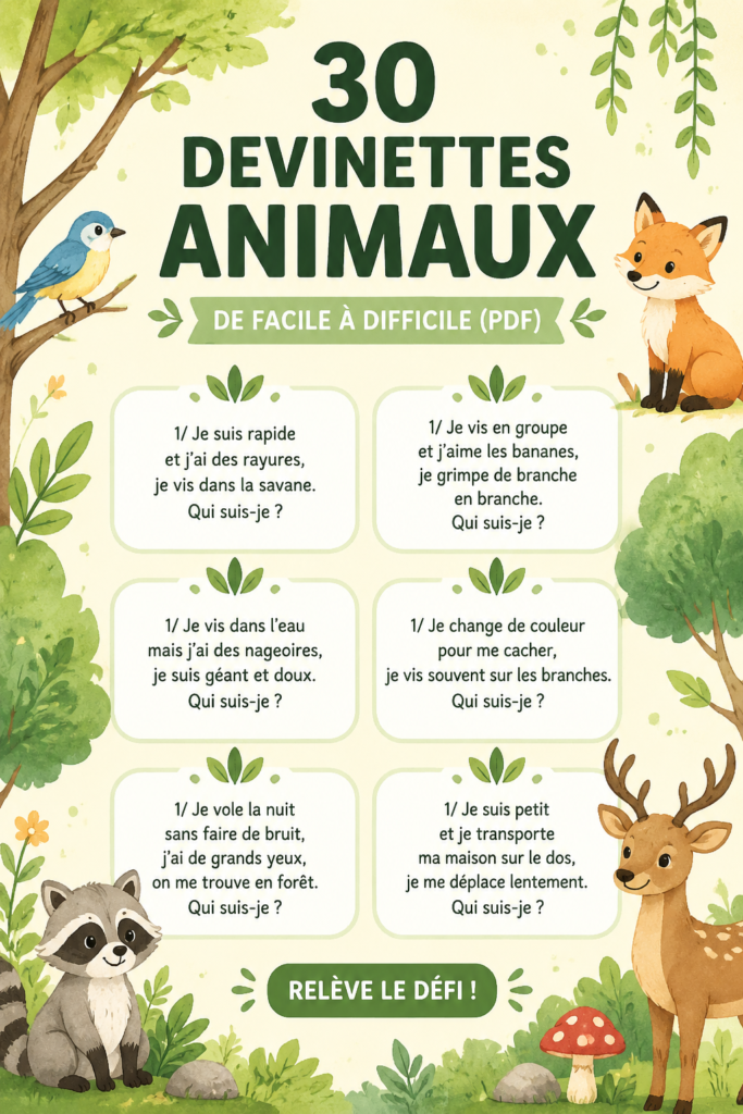 PDF contenant 30 devinettes d'animaux pour enfants.