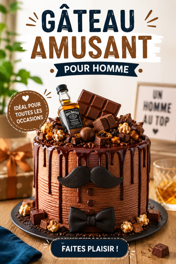Un gâteau amusant décoré de façon ludique pour un homme, avec des éléments festifs