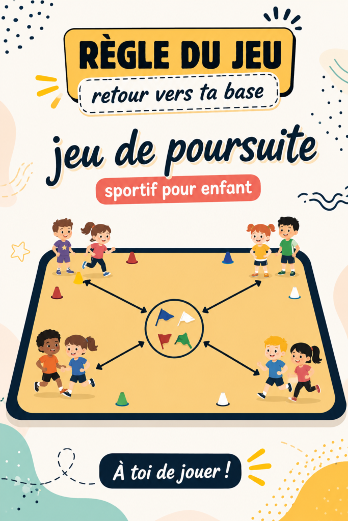 Un groupe d'enfants jouant au jeu 'Retour vers ta base' dans un parc, riant et courant.