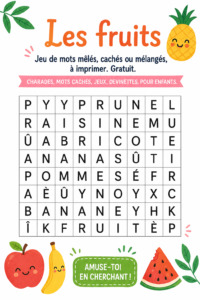 Enfants jouant avec des jeux de mots mêlés sur les fruits.