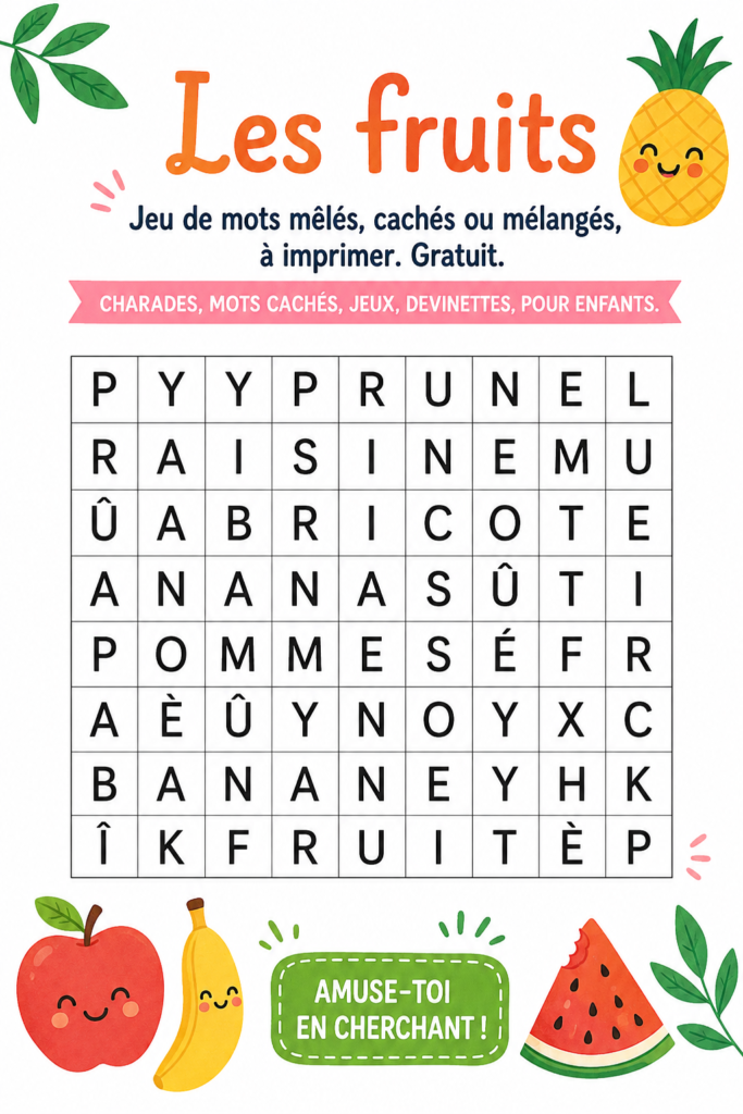 Enfants jouant avec des jeux de mots mêlés sur les fruits.