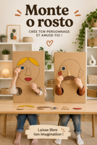 Un enfant en train de réaliser l'activité Monte o rosto avec des visages en papier.