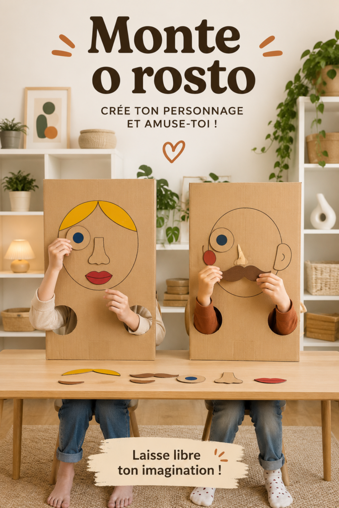 Un enfant en train de réaliser l'activité Monte o rosto avec des visages en papier.