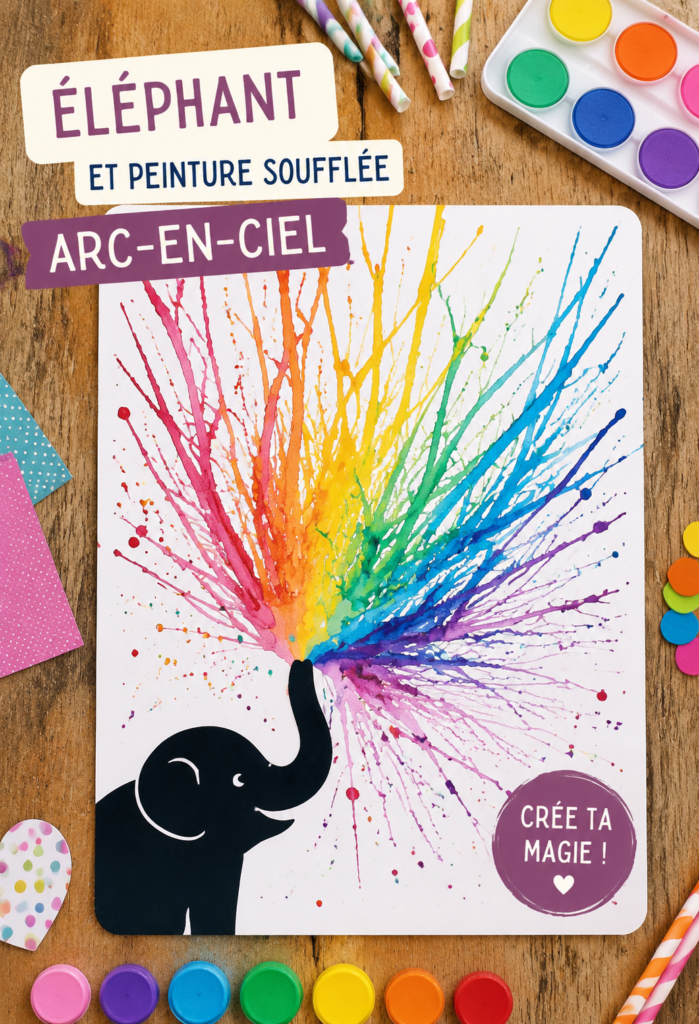 Enfant créant un éléphant en peinture soufflée arc-en-ciel sur une toile.