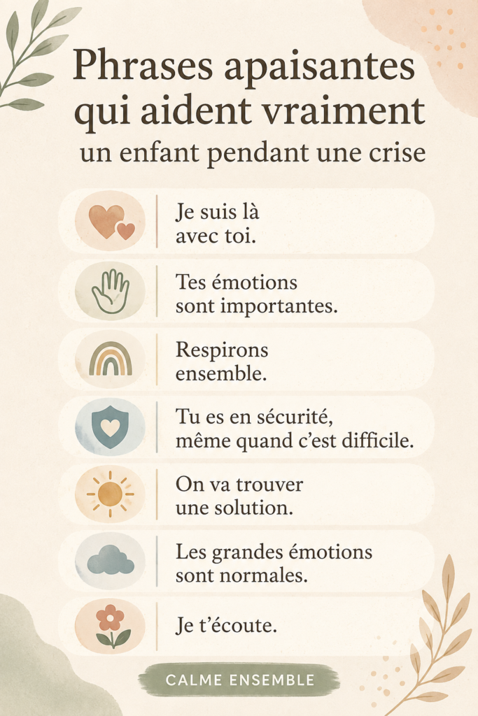 Une mère et son enfant se réconfortent pendant une crise de colère, illustrant l'utilisation de phrases apaisantes.
