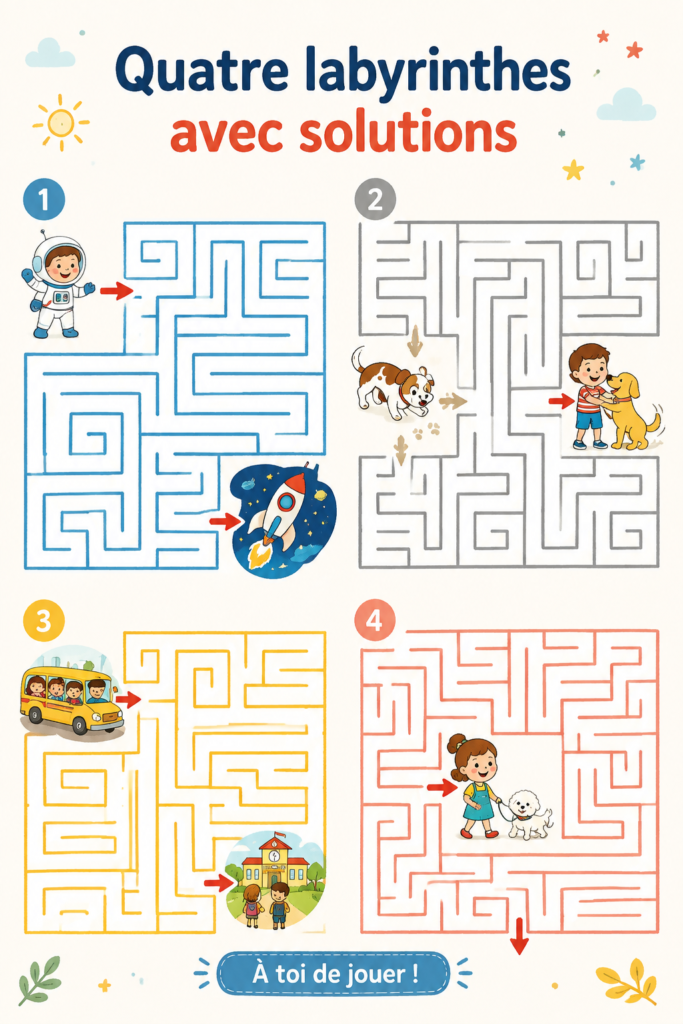 Un enfant heureux jouant avec un labyrinthe en papier fait maison.