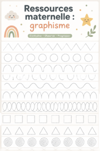 Un enfant en train d'explorer des ressources de graphisme en maternelle, entouré de crayons et de papiers colorés.
