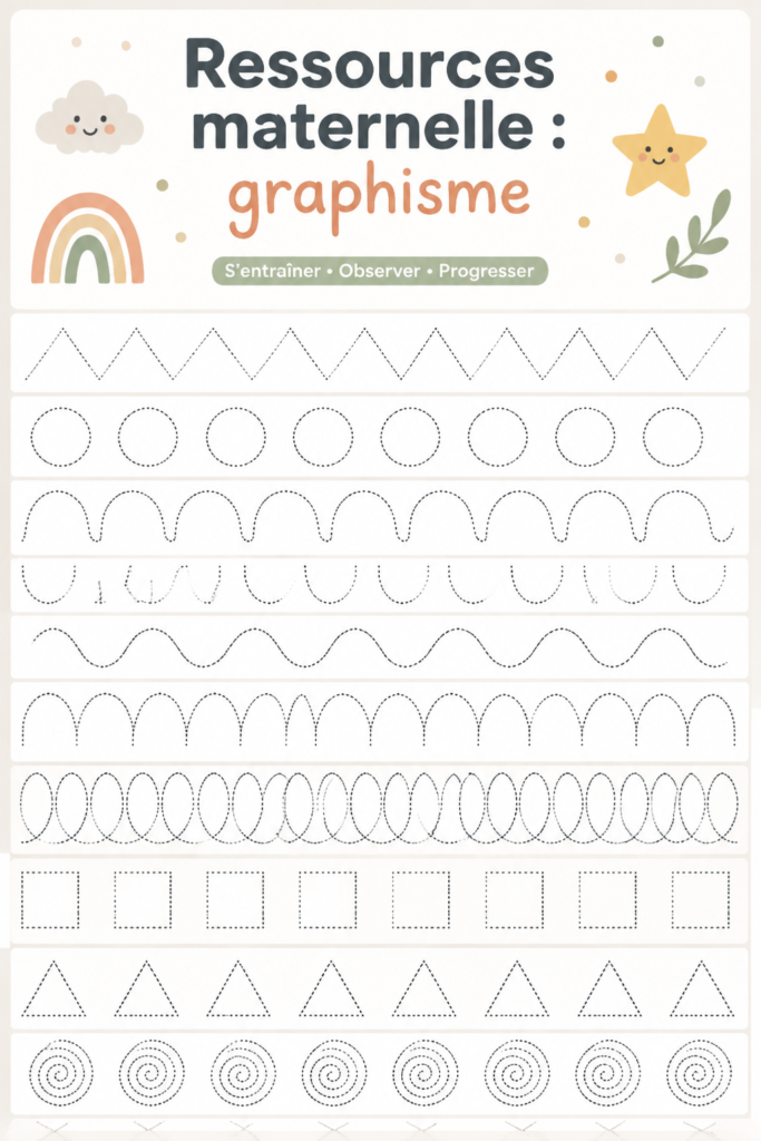 Un enfant en train d'explorer des ressources de graphisme en maternelle, entouré de crayons et de papiers colorés.