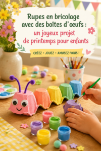 Des rups colorés réalisés avec des boîtes d'œufs, entourés de fleurs printanières.