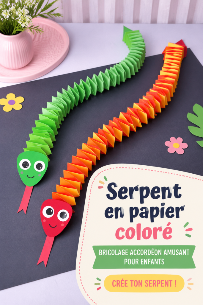 Un serpent en papier coloré réalisé par des enfants, illustrant une activité manuelle créative.
