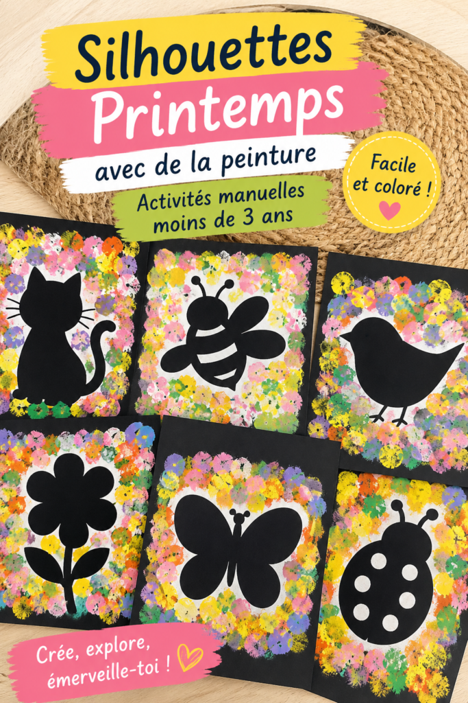 Des silhouettes colorées de printemps réalisées par de jeunes enfants avec de la peinture.
