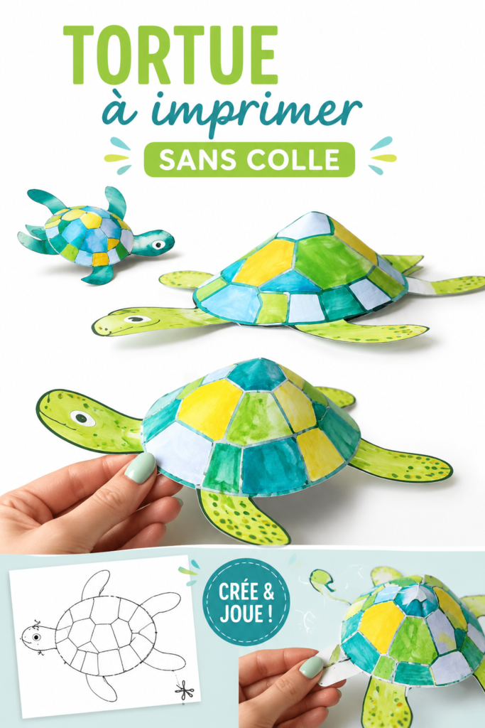 Tortues imprimables colorées sans colle pour activités manuelles d'enfants.