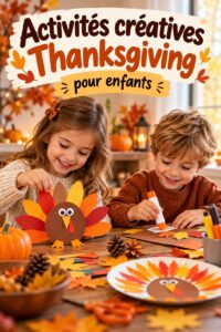 Des enfants en train de réaliser des activités créatives pour Thanksgiving en famille.