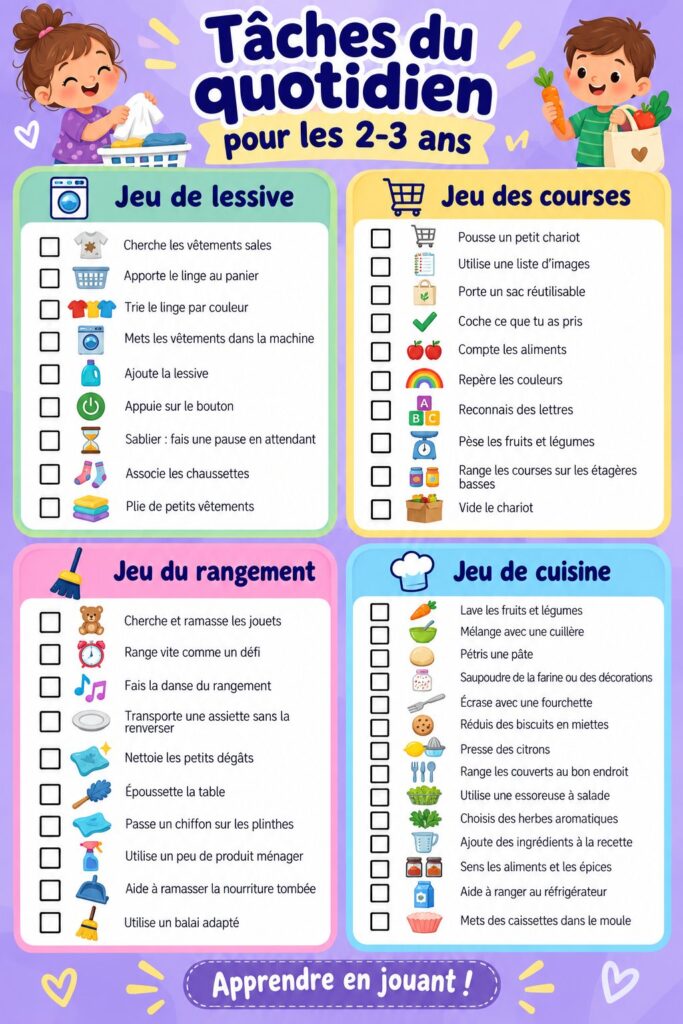 Un enfant de 2 ans aidant à ranger des jouets avec un sourire.