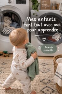 Une mère et son enfant s'amusent ensemble en cuisinant, illustrant l'apprentissage partagé.