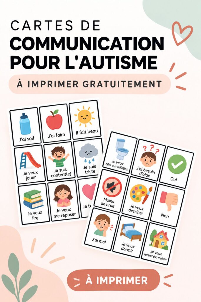 Un ensemble de cartes de communication illustrées pour enfants autistes, prêtes à être imprimées.