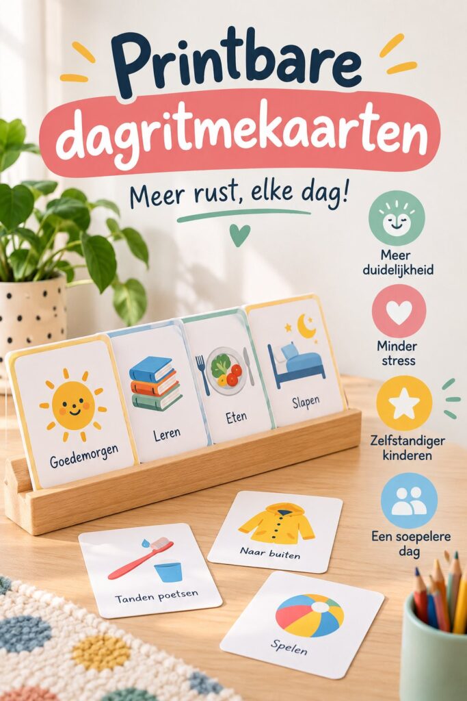 Exemple de cartes de routine imprimables pour enfants sur une table en bois.
