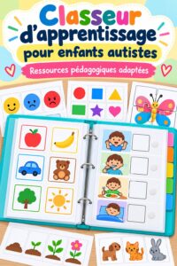 Classeur éducatif DIY pour enfants autistes, posé sur une table avec des fournitures scolaires.