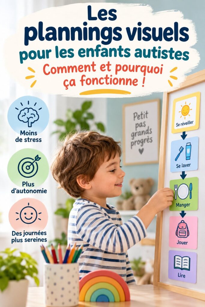 Un enfant utilisant un emploi du temps visuel illustré sur un mur.