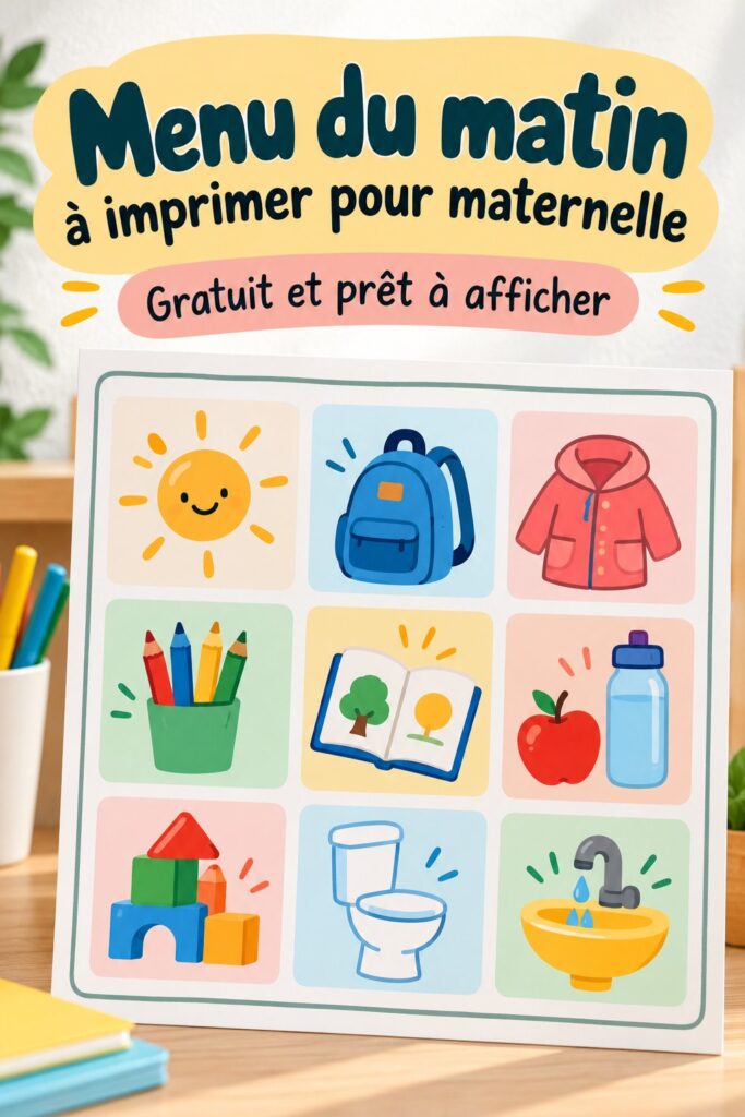Menu matinal à imprimer pour l'école à la maison, avec des illustrations colorées.