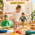 Enfants jouant sur un parcours moteur fait maison, stimulant leur motricité.