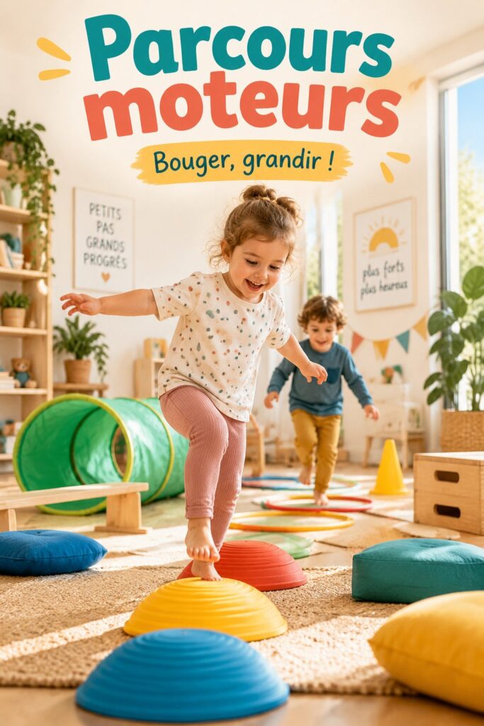 Enfants jouant sur un parcours moteur fait maison, stimulant leur motricité.