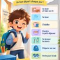 Une mère aidant son enfant à se préparer pour l'école le matin avec une routine apaisante.