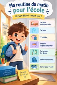 Une mère aidant son enfant à se préparer pour l'école le matin avec une routine apaisante.
