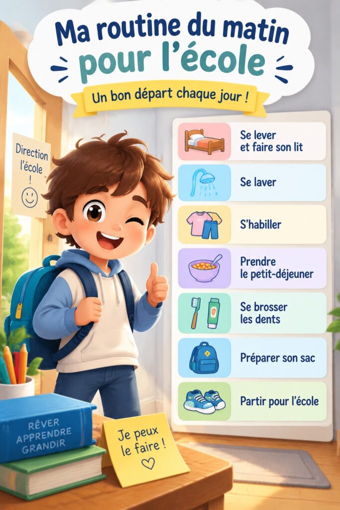 Une mère aidant son enfant à se préparer pour l'école le matin avec une routine apaisante.