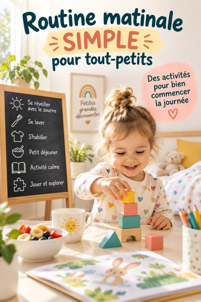 Une jeune maman aide son enfant à se préparer le matin dans une ambiance calme et chaleureuse.