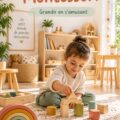 Salle de jeux Montessori avec des meubles en bois naturel et des jouets éducatifs
