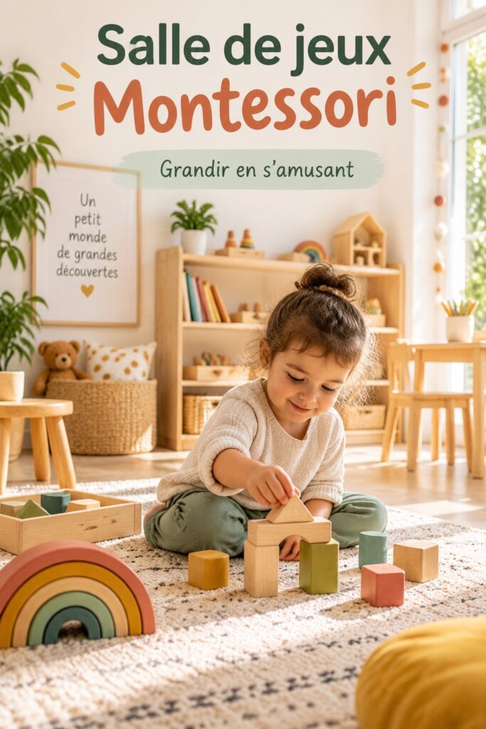 Salle de jeux Montessori avec des meubles en bois naturel et des jouets éducatifs
