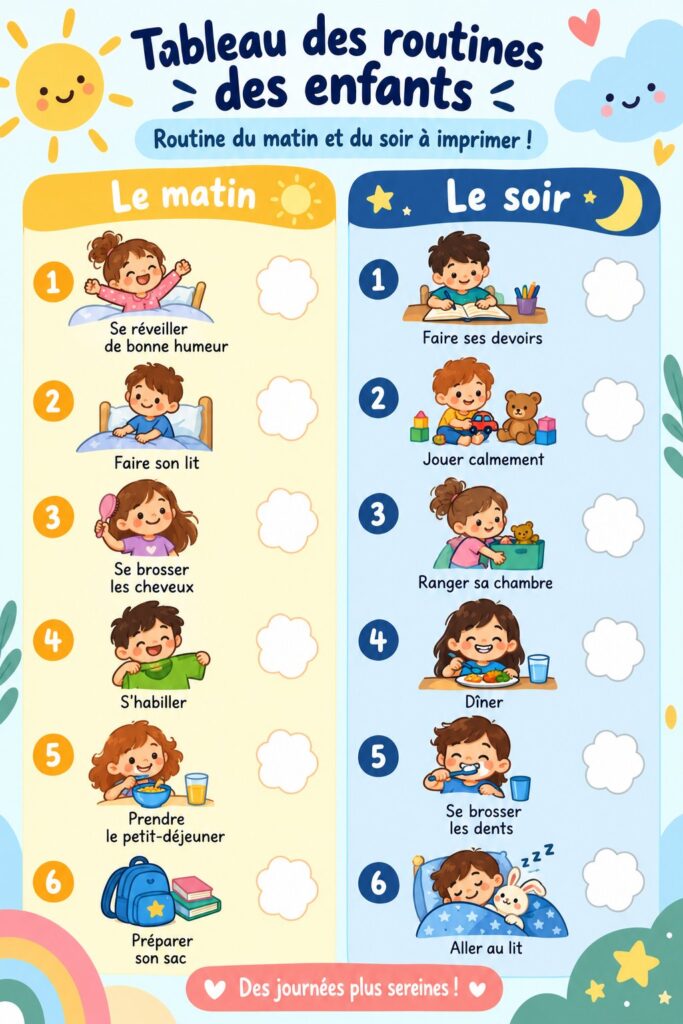 Tableau de routine pour enfants imprimable sur un mur.