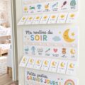 Tableau de routine matinale coloré pour enfants sur un mur de chambre.