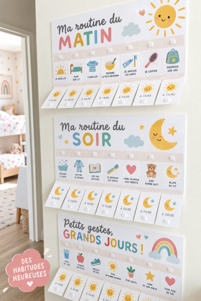 Tableau de routine matinale coloré pour enfants sur un mur de chambre.