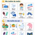 Tableau de routines matinales et nocturnes pour enfants dans une chambre colorée