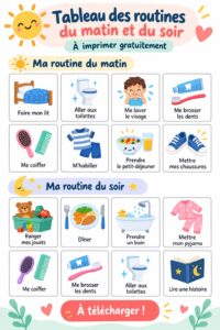 Tableau de routines matinales et nocturnes pour enfants dans une chambre colorée