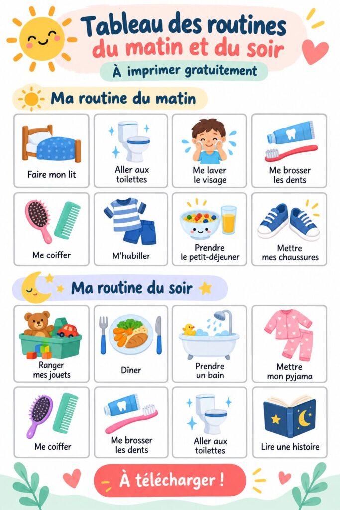 Tableau de routines matinales et nocturnes pour enfants dans une chambre colorée