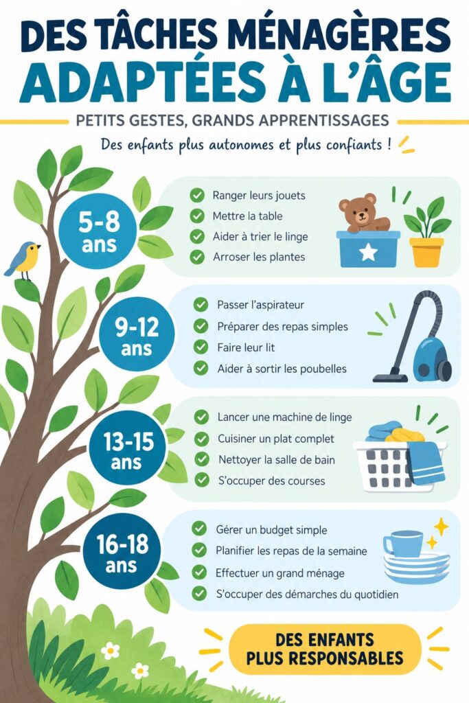 Enfants faisant des tâches ménagères adaptées à leur âge, apprenant l'autonomie