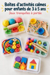 Un bac d'activités calmes pour enfants, contenant divers jeux apaisants.