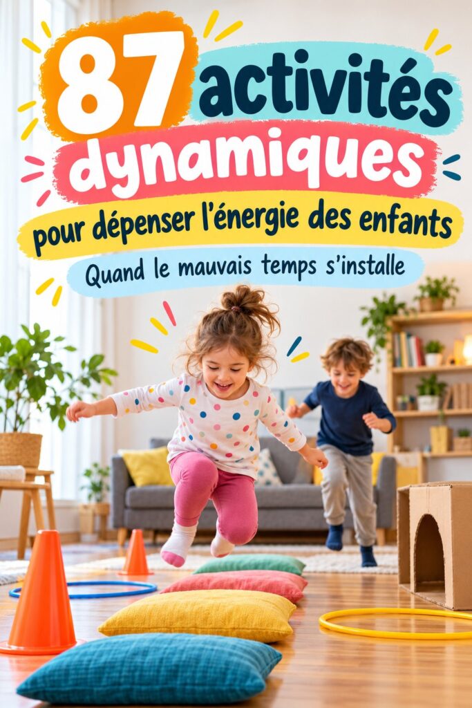 Groupe d'enfants jouant à un jeu dynamique à l'intérieur, illustrant une activité qui dépense leur énergie.