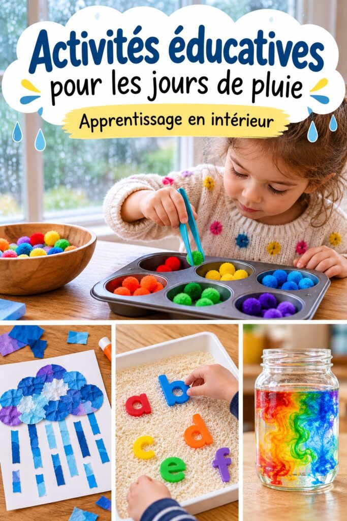 Des enfants s'amusent avec des jeux éducatifs à l'intérieur pendant un jour de pluie, explorant des activités Montessori.