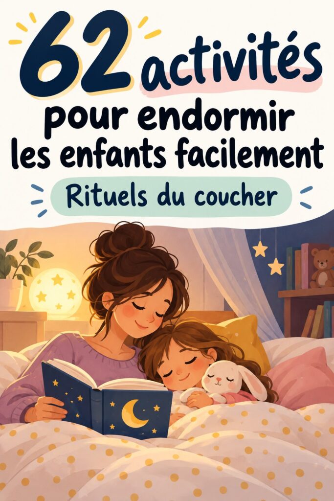 Un enfant heureux préparant son lit pour la nuit avec des activités apaisantes.