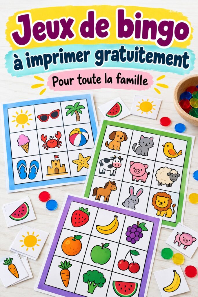 Un modèle de bingo imprimable pour enfants avec des images colorées et ludiques