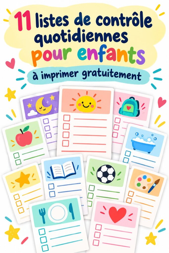 Des checklists colorées pour enfants sur une table avec des crayons