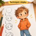 Un enfant créant un personnage attachant en dessin avec crayons de couleur.