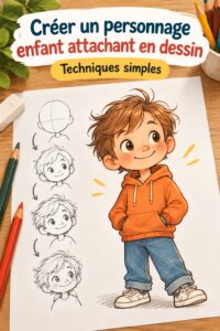 Un enfant créant un personnage attachant en dessin avec crayons de couleur.