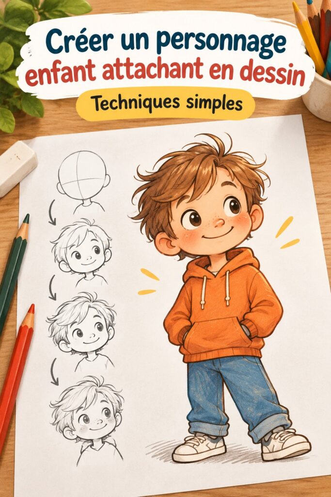 Un enfant créant un personnage attachant en dessin avec crayons de couleur.